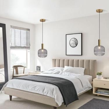 Imagem de Luminária pendente vintage em vidro verde, luminária pendente para ilha de cozinha estilo fazenda, luminária de teto em vidro canelado E27, luminária pendente em latão dourado, luminária úni