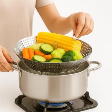 Imagem de Cesta de Cozimento a Vapor Inox Dobrável Panela Adaptável Legumes Saudável