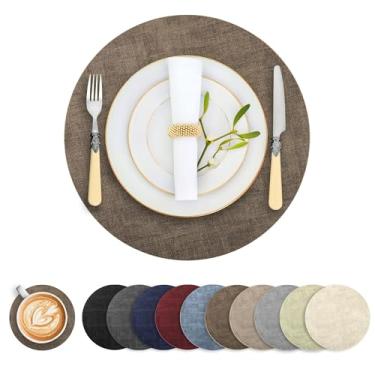 Imagem de Jogo americano redondo de couro sintético, conjunto com 4, tapetes de mesa reversíveis resistentes ao calor, antiderrapantes, tapetes impermeáveis e limpáveis para mesa de jantar, laváveis para