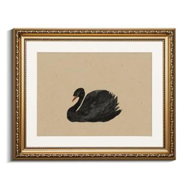 Imagem de VIYYIEA Arte de parede emoldurada a ouro, impressão em tela de cisne negro, decoração de casa, pintura de arte vintage, decoração de parede de banheiro, arte de animais para sala de estar, quarto