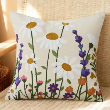 Imagem de QoBexim Capas de almofada decorativas bordadas florais 45 x 45 cm, conjunto de 1, capa de almofada de lona quadrada com estampa de flores brancas e roxas Boho Spring Farmhouse para sofá, cama, sala de