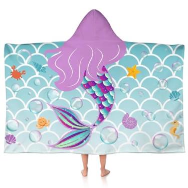Imagem de gdhiybf Toalhas de sereia com capuz para crianças 76,2 cm x 127 cm Toalha de praia infantil absorvente macia para natação piscina vestível banho poncho envoltório para meninas crianças crianças 3-12