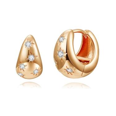 Imagem de WSKFLY Brincos De Argola Grossos Ouro Para Mulheres, Delicados, Banhados A 14K, Zircônia Cúbica, Modernos, Simples, Leves, Hipoalergênicos, Joias Presente (Argola Estrela Do Norte)