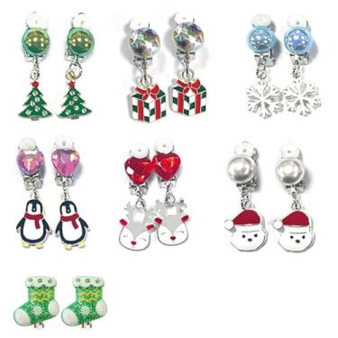 Imagem de Conjunto de brincos de Natal, 6 pares de brincos pendentes com desenhos festivos, floco de neve, árvore, caixa de presente, pinguim, coração, Papai Noel, Medium, Resina, Sem pedra preciosa