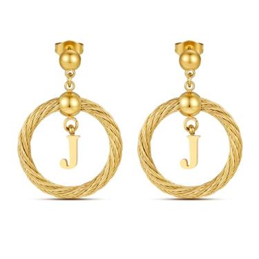 Imagem de Xiacheng Brincos de argola de ouro 18 quilates com inicial de aço inoxidável, hipoalergênicos, presentes modernos para mulheres, declaração delicada, pingente de letra A-Z, joia à prova d'água, Medium
