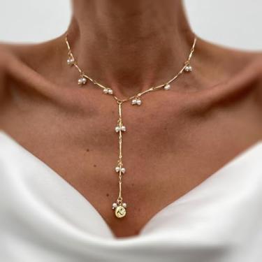 Imagem de Colar feminino de corrente de pérola longa com pingente de gota de ouro, colar de pérolas delicadas em forma de Y, corrente de ouro em camadas, joia para um visual, Medium, Latão, Sem Pedra Preciosa
