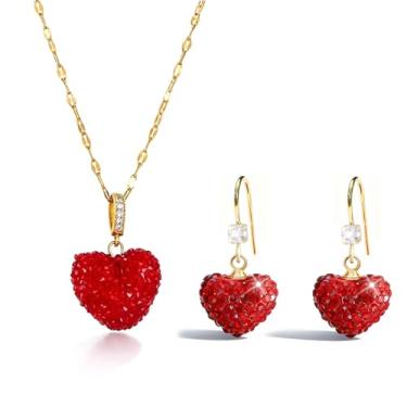 Imagem de Peraca Cris Conjunto de brincos e colar de dia dos namorados para mulheres com pingente de coração vermelho com strass e joias delicadas e elegantes presentes para ela, Large, Zinco, Sem Pedra