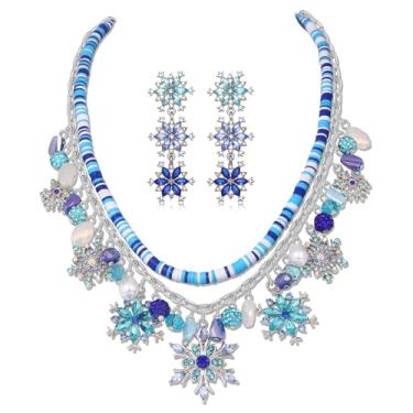 Imagem de MOLOCH Conjunto de brincos de colar de Natal em camadas cristal floco de neve com lâmpada de floco de neve, brincos pendentes de gota de floco de neve, joias de festa de Natal, presente, One Size