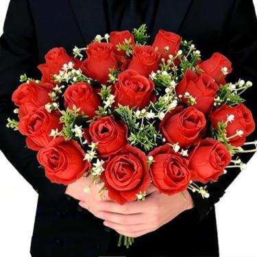 Imagem de 1 ramo de rosas vermelhas artificiais buquê de rosas realistas, flores de seda falsa, faça você mesmo, casamento, dia dos namorados, decoração de festa (12 cabeças (42 cm)