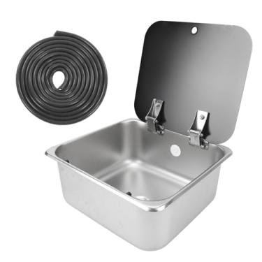 Imagem de PVXMQFFA Pia de cozinha 350 x 320 x 150 mm aço inoxidável 304 com tampa de vidro temperado 15L 40 mm Porta de drenagem para trailer, caminhão, comida, barco, motorhome