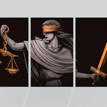 Imagem de quadro decorativo lady justice arte preto dourado estilo moderno 125x65 cm tema direito justiça decoracao parede impressao em tela elegante escritório advocacia