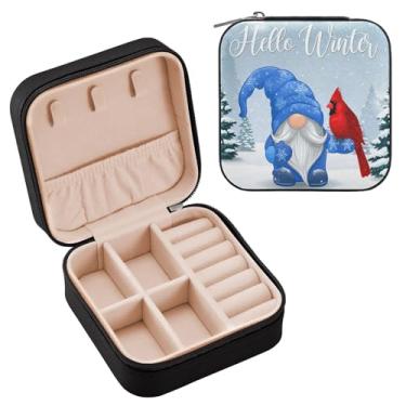 Imagem de Wassud Estojo de joias de viagem para gnomos e pássaros, para mulheres, meninas, senhoras, noiva, mini organizador de joias de couro PU, caixa quadrada de armazenamento de joias para brincos, anéis