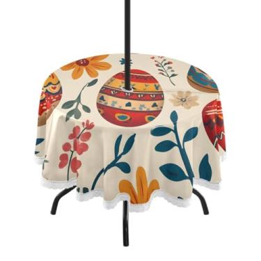 Imagem de CEBUGI Toalha de mesa redonda para uso ao ar livre, ovos de Páscoa, impermeável, com orifício Umberlla, capa de mesa lavável para pátio, cozinha, sala de jantar, 152 cm