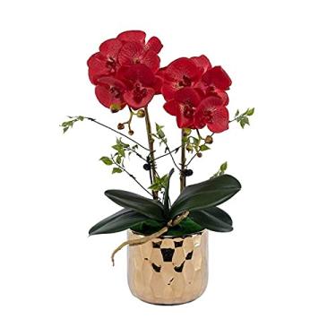 Imagem de LMJYU Conjunto de flores artificiais, orquídea borboleta artificial e vaso de cerâmica dourado, usado para decoração de varanda de família