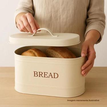 Imagem de Porta Mantimentos Retangular Pão Bread 34x18 cm com Tampa de Aço  Bege