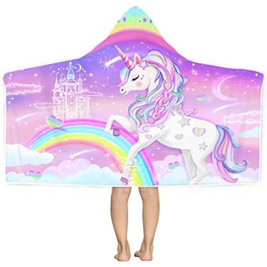 Imagem de Toalha de praia de unicórnio, toalha de unicórnio para meninas com capuz, toalha com capuz de unicórnio arco-íris para crianças 76 cm x 127 cm, bonito desenho animado microfibra absorvente macio toalha de banho poncho roupão de banho para piscina de Swin