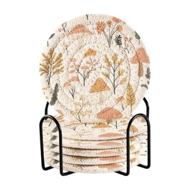 Imagem de SEHANY Conjunto de 6 porta-copos de cogumelos florestais com suporte, porta-copos redondos absorventes de algodão resistente ao calor para mesa de jantar, canecas de café, 10 cm