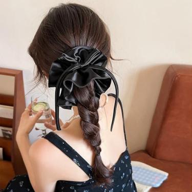 Imagem de 1 pç faixa de cabelo com laço longo elástico doce flores faixa de cabelo amarrado corda de cabeça feminina rabo de cavalo acessórios de cabelo, 13 cm (preto)