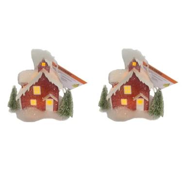 Imagem de Nuke Armor Enfeite de casa de Natal de LED, chalé de vila de inverno com neve e pinheiros, decoração de férias vermelha e branca com luz quente - Pacote com 2