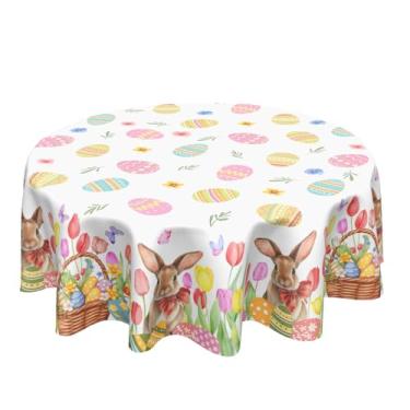 Imagem de Kawani Toalha de mesa redonda de Páscoa, 152 cm, primavera, ovos de Páscoa, coelhinho, tulipa, floral, sazonal, férias, rústico, capa de mesa de poliéster para festa, cozinha, sala de jantar