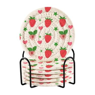 Imagem de SEHANY Conjunto de 6 porta-copos fofos de morango com suporte, porta-copos redondos absorventes de algodão resistente ao calor para mesa de jantar, canecas de café, proteção de copos, 10 cm