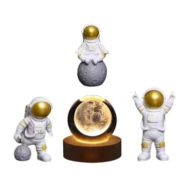 Imagem de Luminária De Mesa Bola De Cristal 3d Base Madeira Decorativa E 3 Astronautas Resina Figura Estátua Estatueta Escultura Brinquedo Decoração Para Casa Crianças Presente (Lua)
