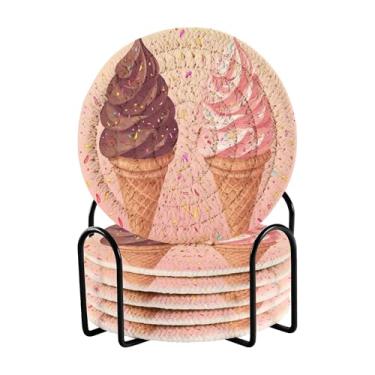 Imagem de SEHANY Conjunto de 6 porta-copos fofos de sorvete com suporte, porta-copos redondos absorventes de algodão resistente ao calor para mesa de jantar, canecas de café, proteção de copos, 10 cm