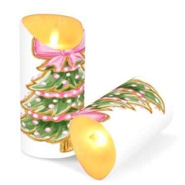 Imagem de ATTX Pacote com 2 velas sem chamas para árvore de Natal com laço rosa - 7,6 cm x 15 cm com controle remoto e temporizador para decoração de casa, casamento, acampamento #243