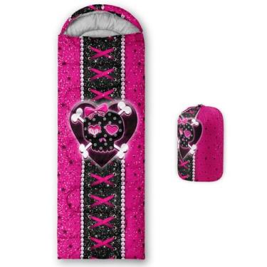 Imagem de QOOMO Sacos de dormir à prova d'água de caveira rosa para adultos e crianças, sacos de dormir estampados para acampamento, clima quente e frio, leve, viagem e ao ar livre, equipamento de acampamento