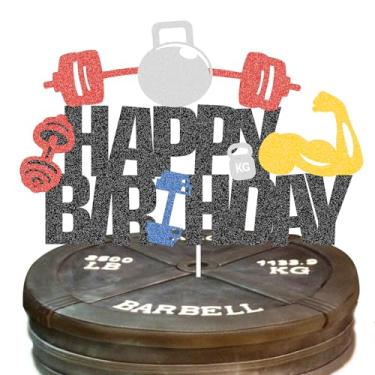 Imagem de Gym Birthday Cake Topper Sports Fitness Themed Double Sided Cake Decorations Glitter Weight Lifting Barbell Kettlebell Birthday Party Supplies for Men Women Boys Girls Fitness Lovers
