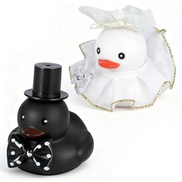 Imagem de BOZILY 2 peças de decorações de pato de borracha para casamento – Conjunto de noiva e noivo com véu, cartola, acessórios para topo de bolo de casamento, decoração de carro, (branco e preto)