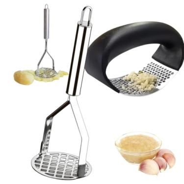 Imagem de Kit 2 Peças Amassador Espremedor Triturador de Alho e Amassador de Batatas Purê Legumes e Feijão Inox Manual 24,5 CM e Ergonômico Amassar e Descascar Alho Utensílio para Cozinha Alho CLICK FACIL