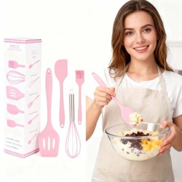 Imagem de Conjunto de 5 espátulas de borracha de silicone resistente ao calor, espátulas de cozinha, cozinhar, assar, misturar para panelas antiaderentes, lavável na lava-louças (rosa)