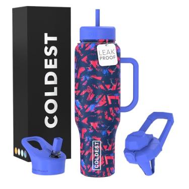 Imagem de Copo Coldest com alça e canudo - Copo isolado 100% à prova de vazamento com tampa e canudo (3 tampas) - Copos de aço inoxidável para mulheres e homens - Base compatível com porta-copos, 1,304 g