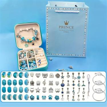 Imagem de 68 peças kit de fabricação de pulseiras de berloques faça você mesmo, kit de fabricação de joias, organizador de pulseira portátil, caixa de presente para aniversário de adolescente, azul