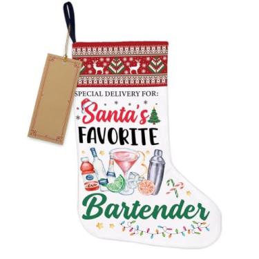 Imagem de TSUYAWU Meia de Natal de bartender, decoração de árvore de Natal – Entrega especial para presentes de barman favoritos do Papai Noel, meia de Natal pendurada para lareira, escadas de parede, decoração