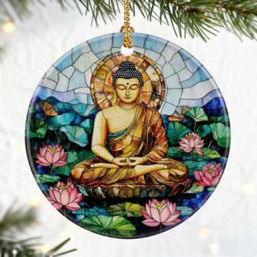 Imagem de Ornamento de Buda para árvore de Natal, enfeites de Natal de meditação de Buda, decoração namastê, presentes de decoração de férias para família, amigos e amantes de ioga, troca de presentes e ideia
