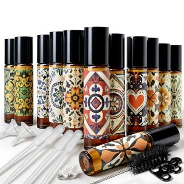 Imagem de RICESTKCN Frascos de rolo de 10 ml para óleos essenciais, pacote com 12 frascos roll-on, aplicador de esfera com 2 conta-gotas, 1 abridor e 10 adesivos (âmbar)