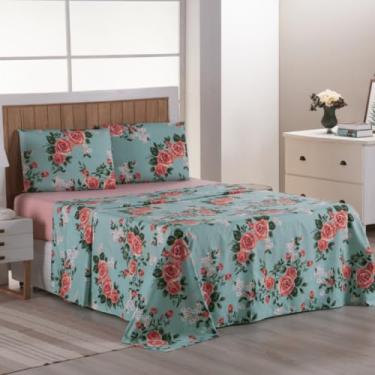 Imagem de Lençol 4 Peças 400 Fios Solteiro/Casal/Queen Estampa Exclusiva Floral Geométrico(Floral - 01,Queen 4 peças)