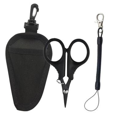 Imagem de Tesoura de pesca compacta de aço inoxidável à prova de ferrugem com bainha e cordão antiperda para corte de linha, passeios de barco, pesca, preto