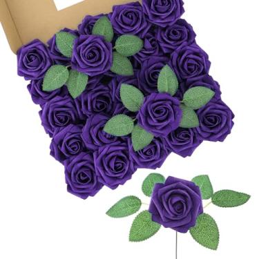 Imagem de DuHouse 50 peças de rosas artificiais flores falsas com hastes flores de espuma de toque real para buquê de casamento faça você mesmo centro de mesa arranjo floral decoração de casa (roxo escuro)