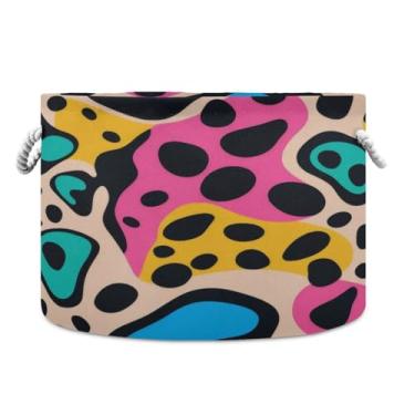 Imagem de JUZIHAI Cesta de armazenamento dobrável com textura de leopardo para bebê, cesto de roupa suja, cobertor com alças de corda de algodão, caixa de brinquedos dobrável, organizador de armário para quarto