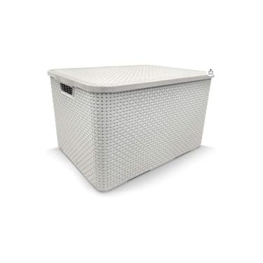 Imagem de Cesto Caixa Organizadora Branca com Alças de Madeira, Plástico Durável, 27x18x12cm, para Casa e Escritório