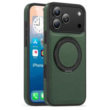 Imagem de SFDSUH Capa de couro para iPhone 16e com suporte magnético giratório 360° em metal (para iPhone 16e/verde escuro)