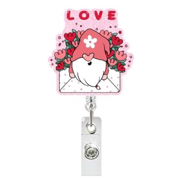 Imagem de Carretel retrátil para crachá de enfermeira de dia dos namorados, porta-crachás de acrílico fofo, design de anão, clipe de crachá com glitter rosa, porta-crachás decorativos para escritório, professor