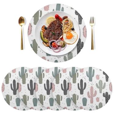 Imagem de Jogo americano branco fofo de cacto para uso ao ar livre, conjunto de 6 tapetes de mesa circulares de PVC, tapete de mesa de jantar de 38 cm resistente ao calor para festa de Natal