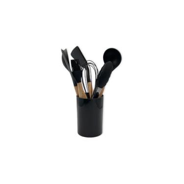 Imagem de Conjunto de Utensílios de Silicone com Cabo de Madeira, 8 Peças, Preto, Inclui Concha, Colher, Espátulas, Pegador, Fuê, Pincel e Copo Suporte