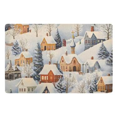 Imagem de Snowy Village Tapete de porta azul noturno para entrada ao ar livre 81 x 50 cm tapete de chão de cozinha tapete de borracha para entrada com suporte TPE para decoração de casa