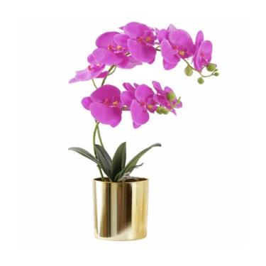 Imagem de DongAi Flor de orquídea artificial de 40 cm, cinto de cerâmica dourado, orquídea artificial, flor de seda, para decoração de casa, decoração de casa de banho, vaso de mesa, escritório, arranjos de