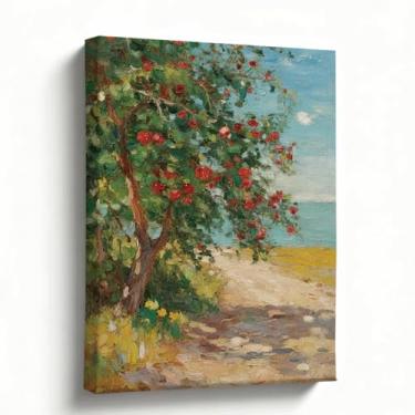 Imagem de Arte de parede em tela de paisagem, caminho impressionista à beira-mar com macieira, impressão de pintura a óleo vintage, arte natural para sala de estar, quarto, escritório, presente de decoração de